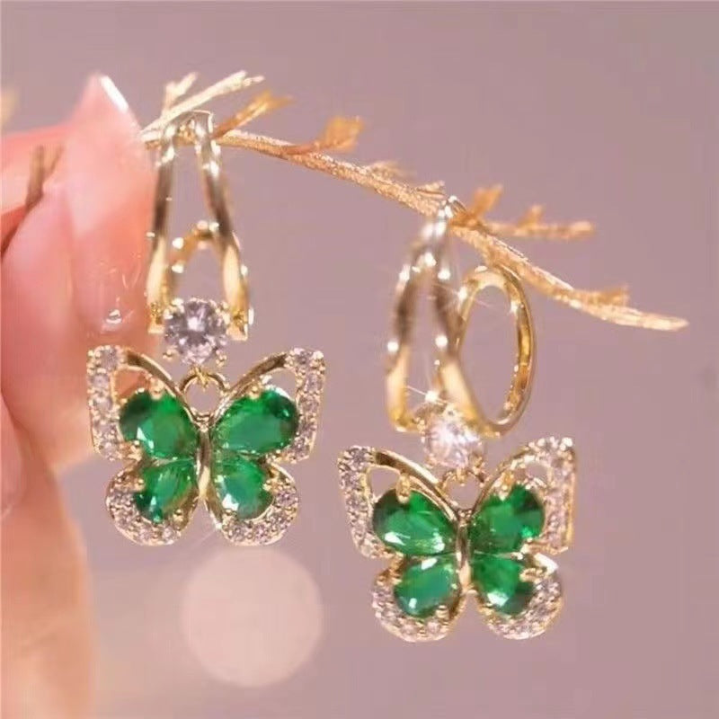 French Retro Green Zirconium Butterfly Earrings