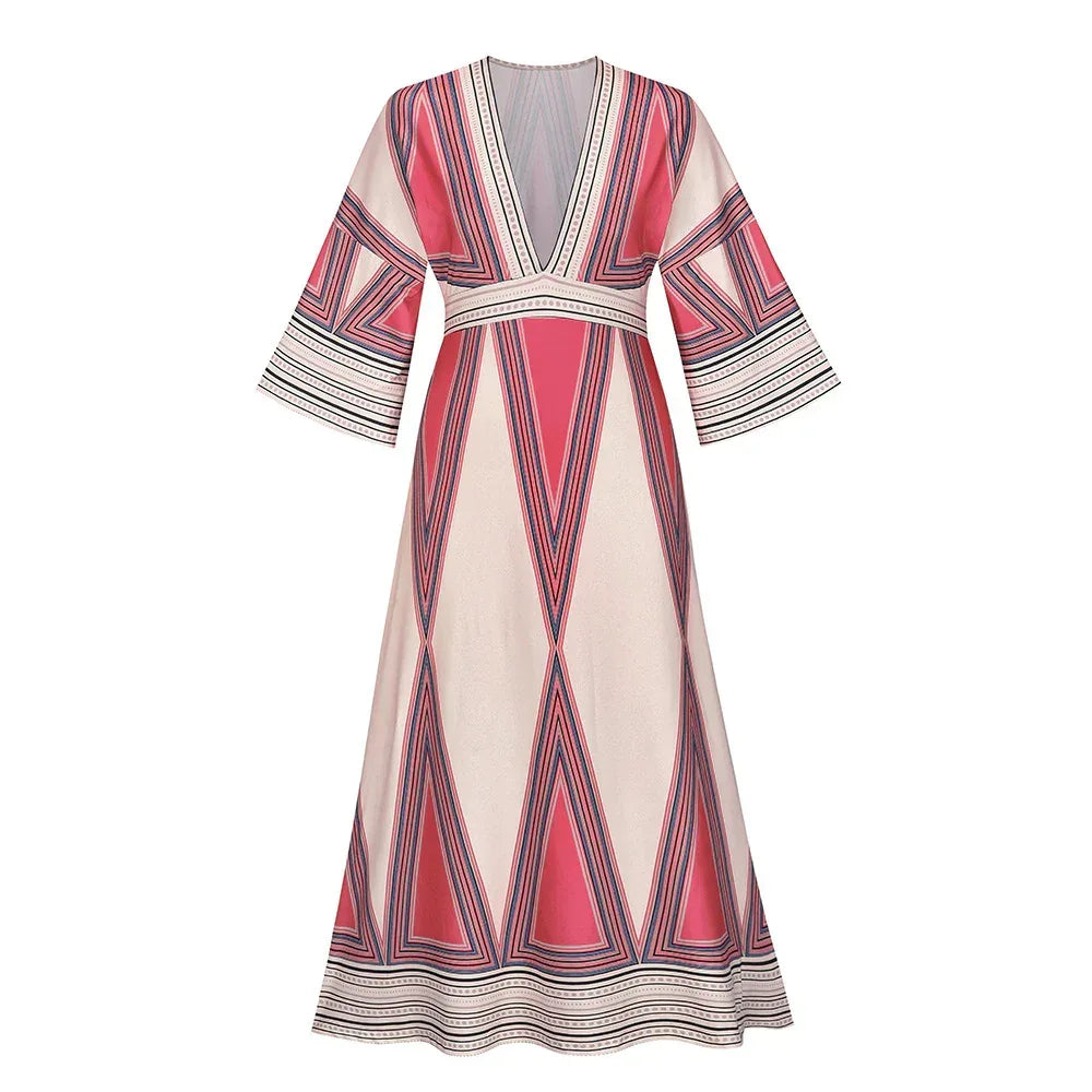 Deep V Neck Indian Print Dress - Viexta