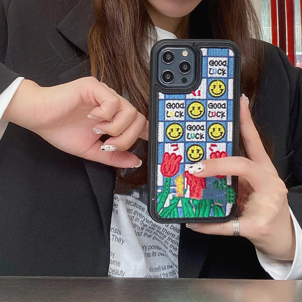 Heavy Embroidery Milk Tea iPhone Cover - Viexta