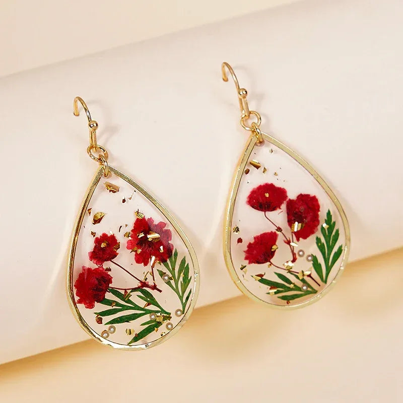 Drop-shaped Epoxy Leaf-shaped Flowers Earrings - Viexta