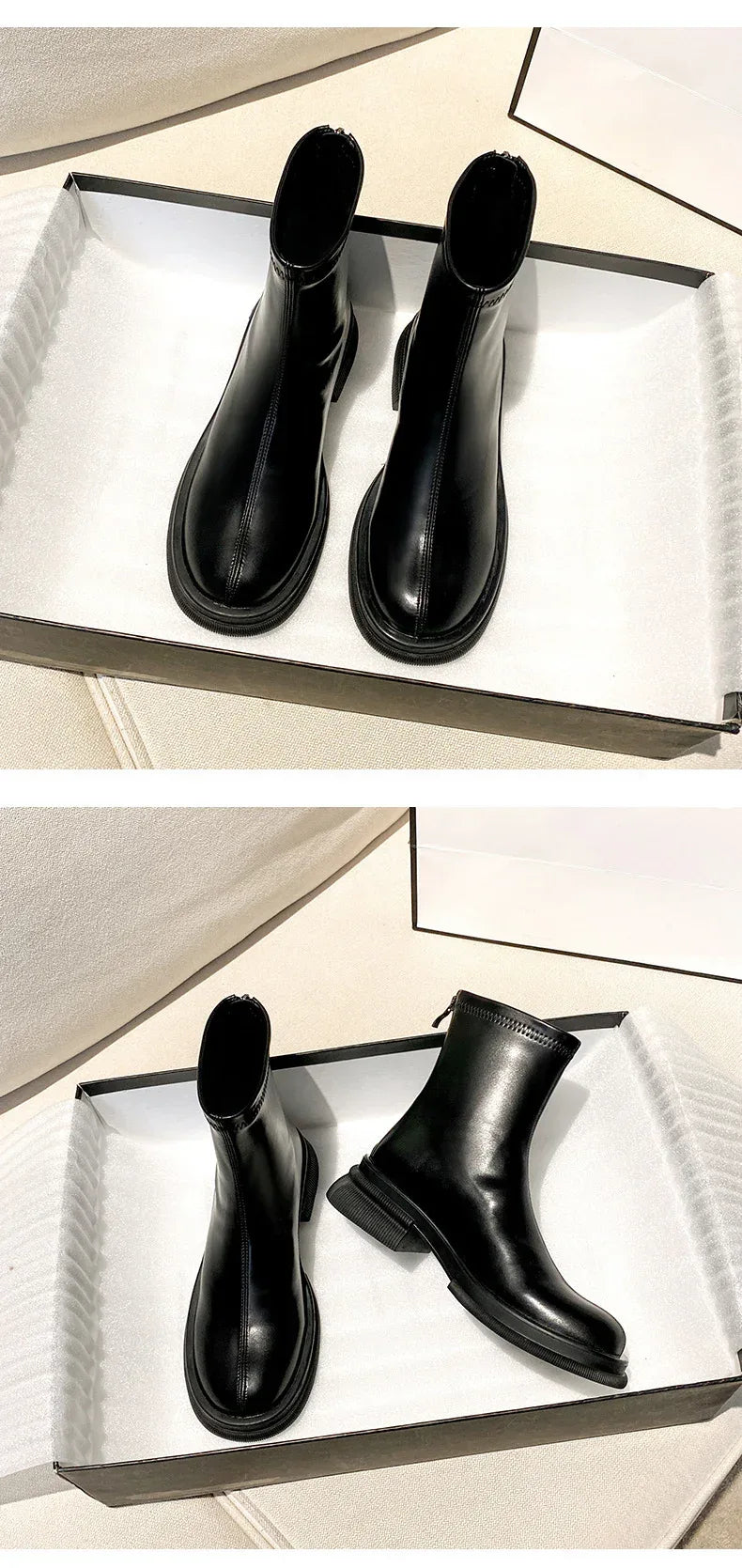 British Round Toe Solid Color Short Boots - Viexta