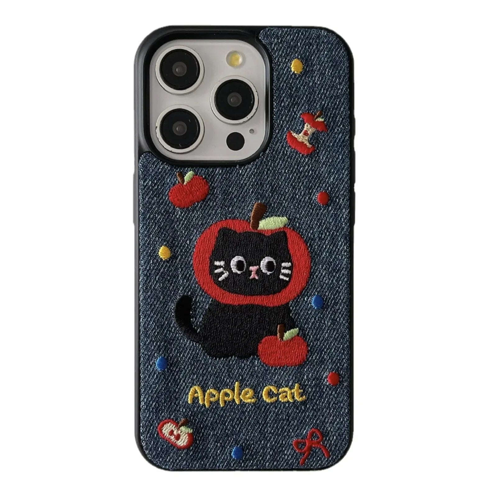 Denim Embroidered Cat Cartoon iPhone Case - Viexta