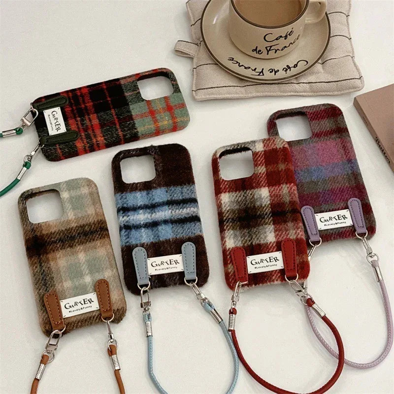 Flannel Contrast Color Check Carrying Strap iPhone Case - Viexta