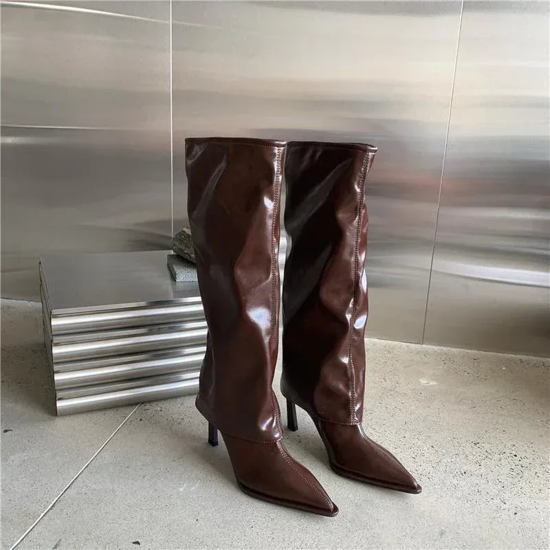 Patent Leather Pointed Toe Pantyhose Boots - Viexta