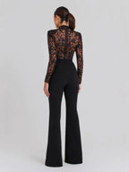 Black See-through Lace Long-sleeved Trousers Jumpsuit - Viexta