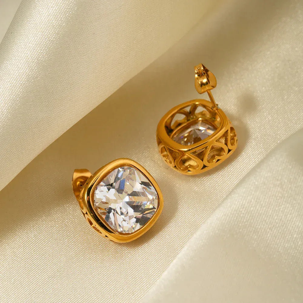 Queen Square Inlaid Zircon Stud Earrings/Neckpiece - Viexta