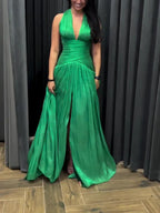 Emerald Green Plunging Neckline Gown With Pleated Skirt And Side Slit - Viexta