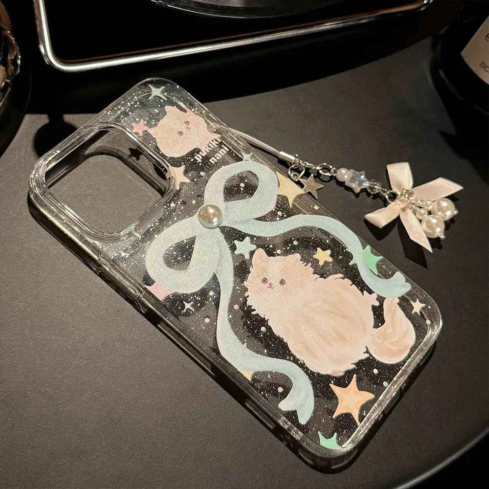 Glitter iPhone Case With Bow And Cat Charm Lanyard
