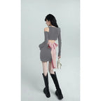 Design Off-Waist Knit Bow Short Dress - Viexta