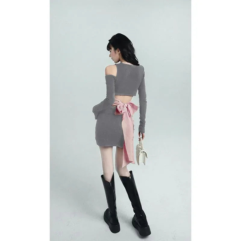 Design Off-Waist Knit Bow Short Dress - Viexta