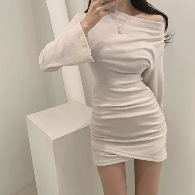 Slanted Shoulder Pleated Dress - Viexta