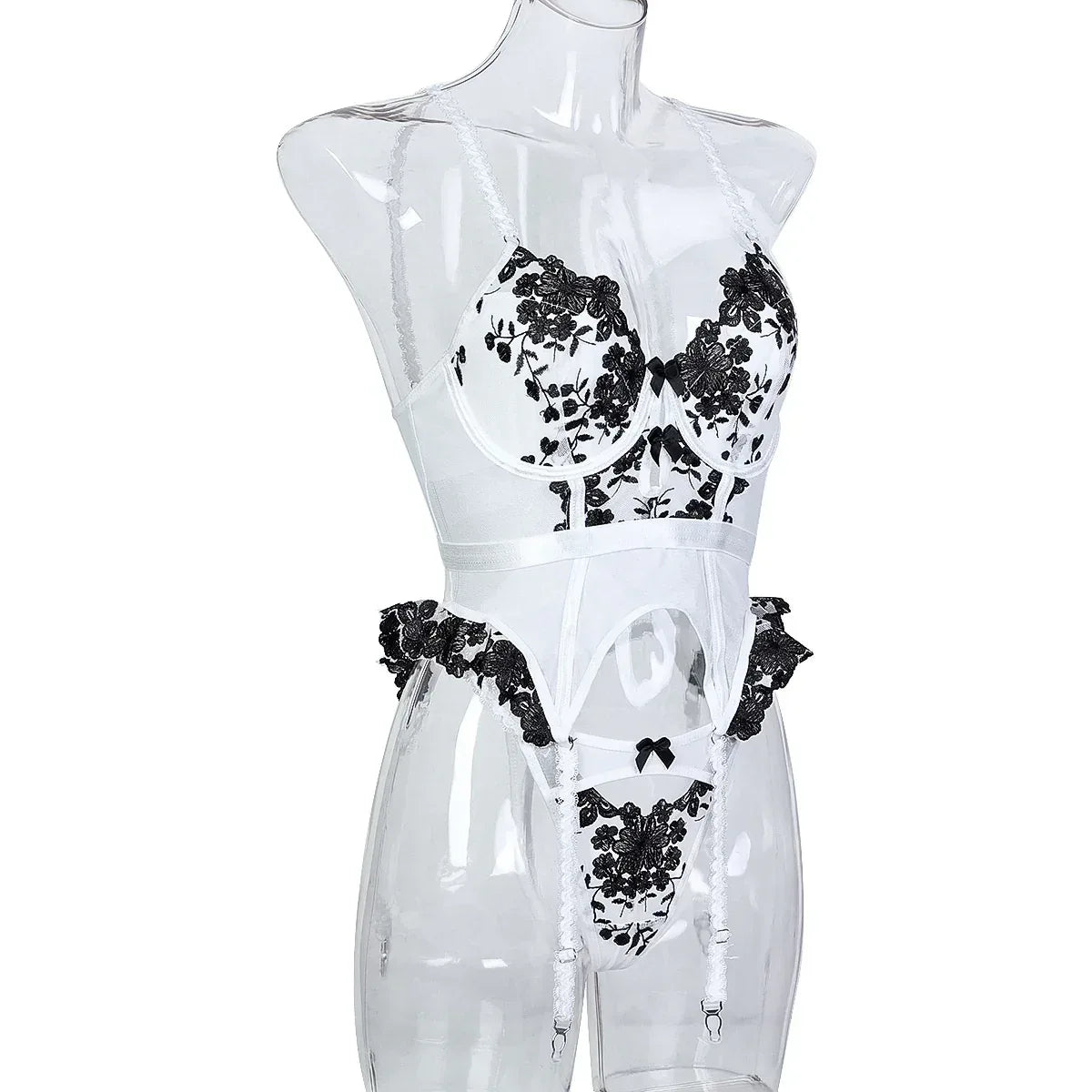 embroidered-flower-black-and-white-stitching-cute-waist-strap-lingerie - Viexta
