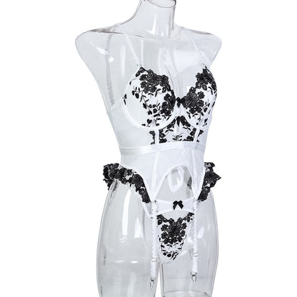 Embroidered Flower Black And White Stitching Cute Waist Strap Lingerie