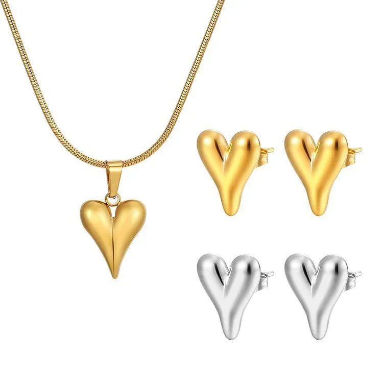 Heart-shaped Stainless Steel Studs and Necklace - Viexta