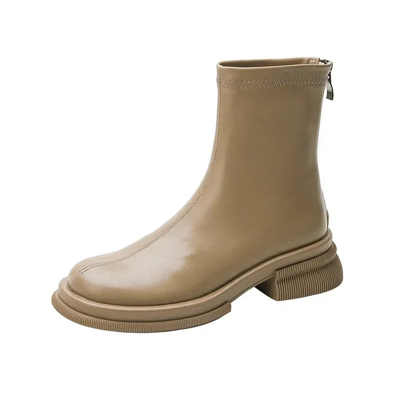British Round Toe Solid Color Short Boots - Viexta