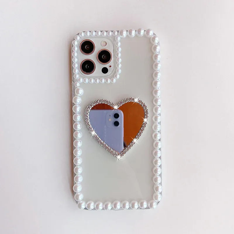 Acrylic Pearl Heart Mirror Rhinestone iPhone Case - Viexta
