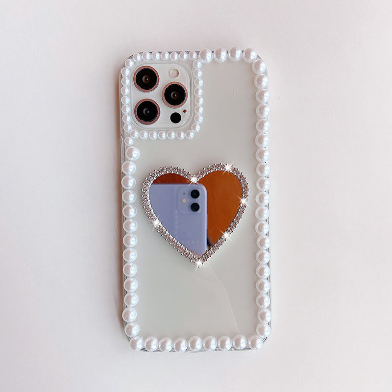 Acrylic Pearl Heart Mirror Rhinestone iPhone Case