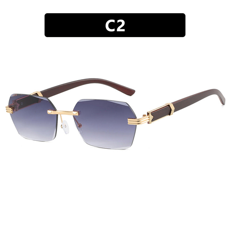 Frameless cut edge sunglasses, small frame wood grain leg sunglasses, irregular square trendy sunglasses, concave design