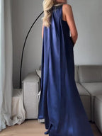 Royal Blue Satin Sleeveless Maxi Dress - Viexta