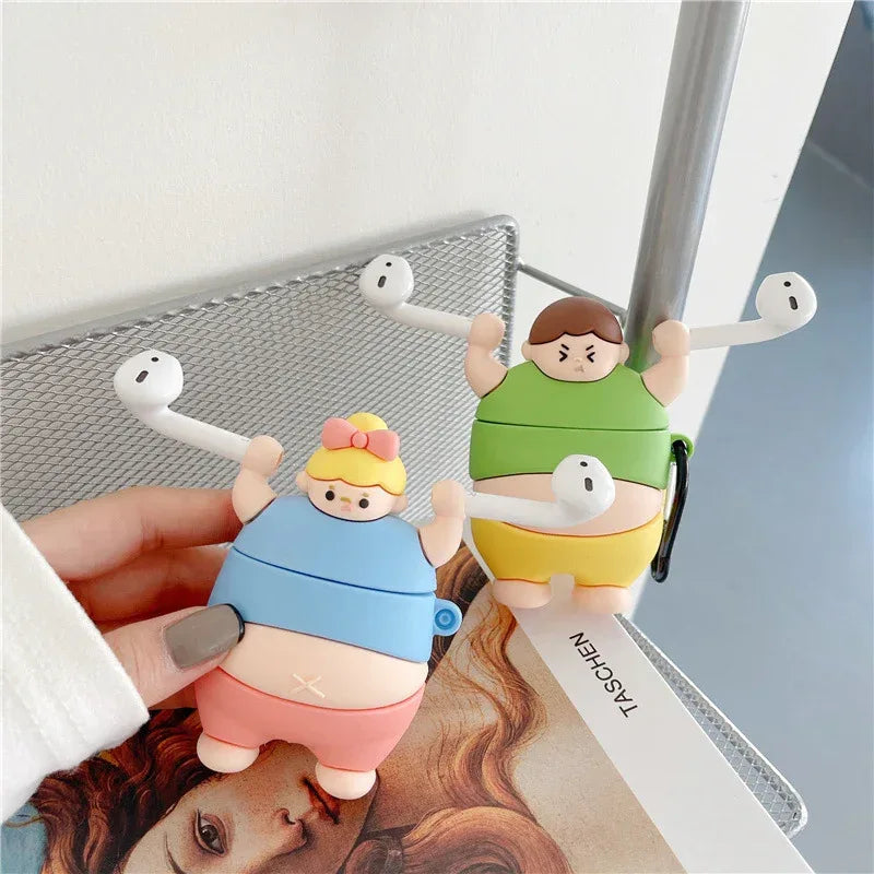 3D Cute Little Fat Man Lifting Weights Silicon AirPods Pro Cases - Viexta
