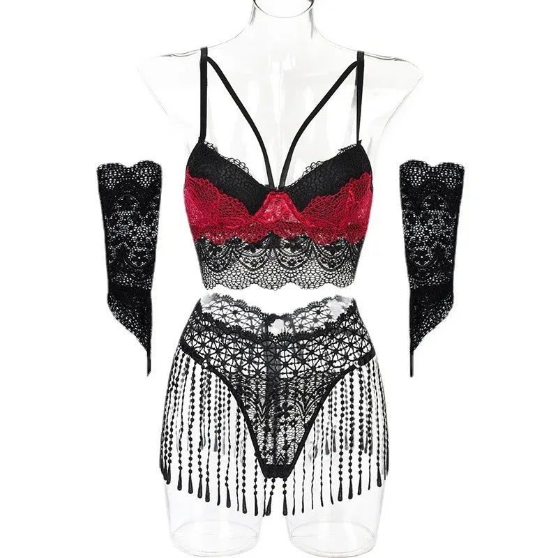 tassel-waist-seal-lace-stitching-with-gloves-sexy-lingerie-suit - Viexta