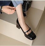 Women's Retro Minority Design Fashion Tie Square Toe High Heels Mary Jane Shoes