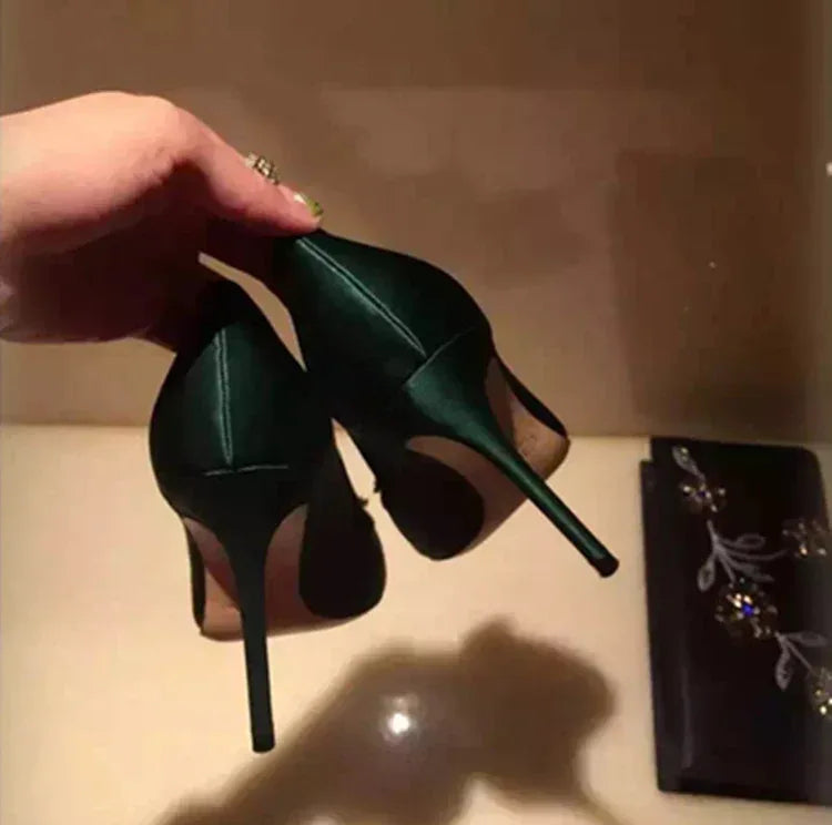 Rhinestone Pointed Satin Heels - Viexta