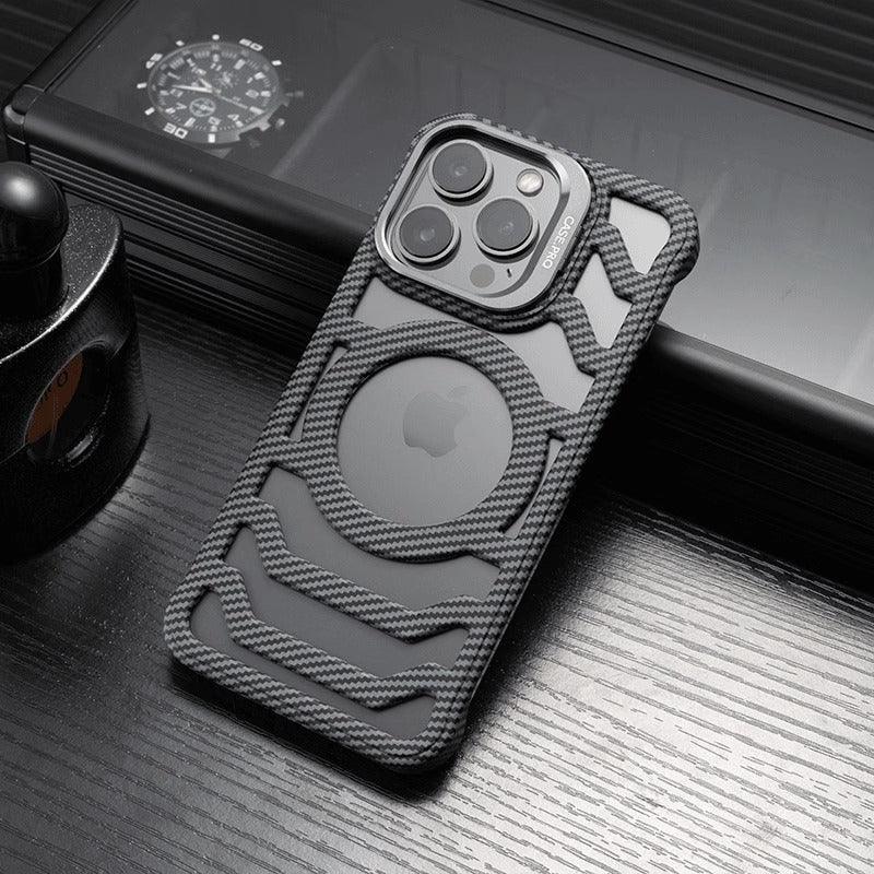 hollow-carbon-fiber-pattern-frameless-magnetic-bracket-iphone-case - Viexta