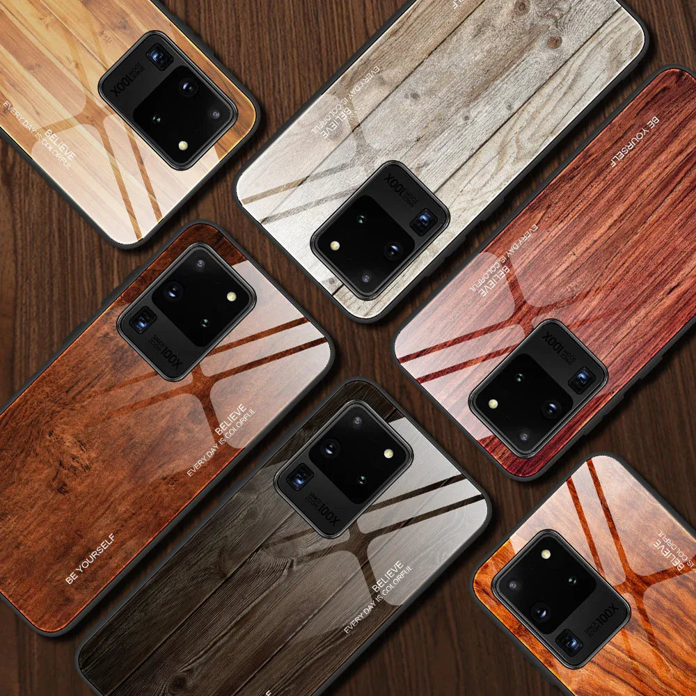 Wood grain tempered glass Samsung phone case - Viexta