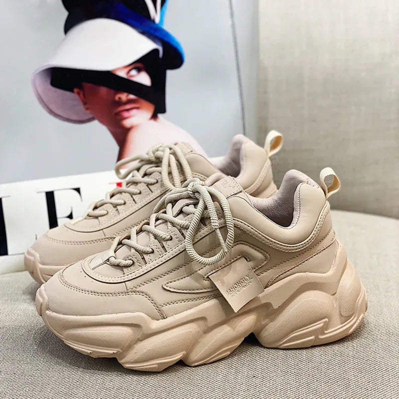 Women's Sneakers With Leather Platform - Viexta