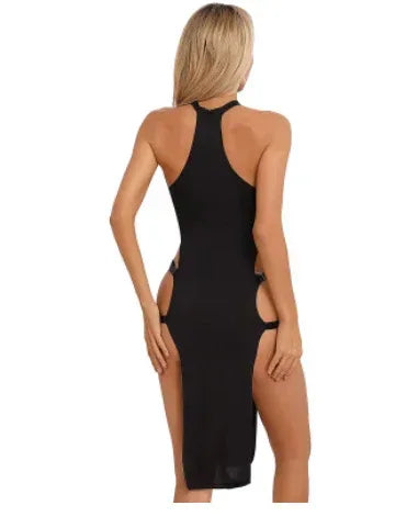 sexy-lingerie-ice-silk-high-waist-slit-tights-solid-color-pullover-sleeveless-hollow - Viexta