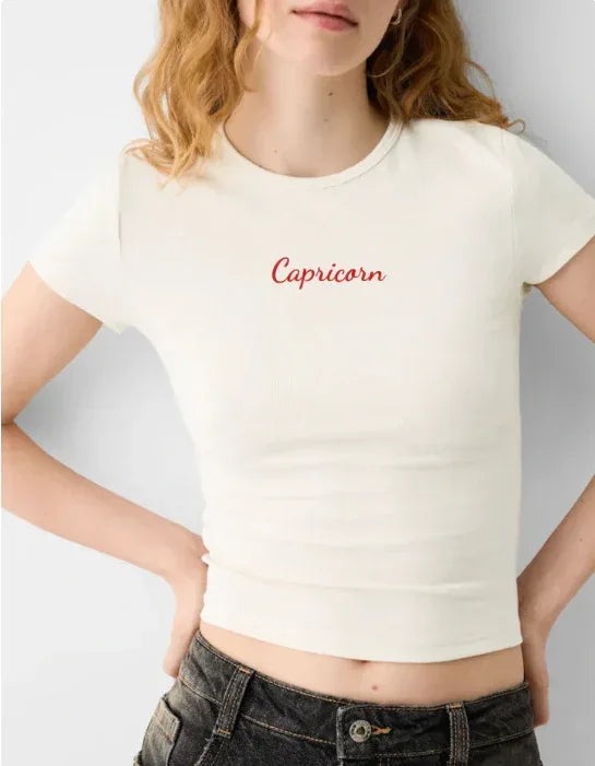 Twelve Constellations Letter Printed Short Sleeved T-shirt - Viexta