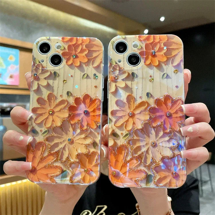 Yellow Oil Painting Flowers Phone Case Rhinestone Epoxy - Viexta