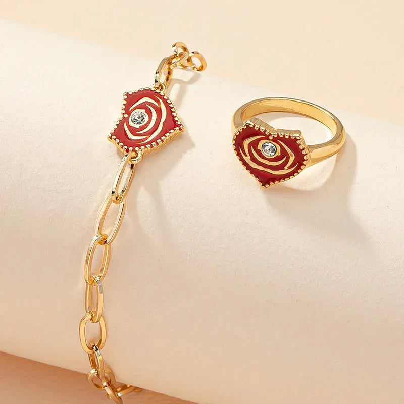 Rose Flower Dripping Oil Bracelet Ring Suit - Viexta