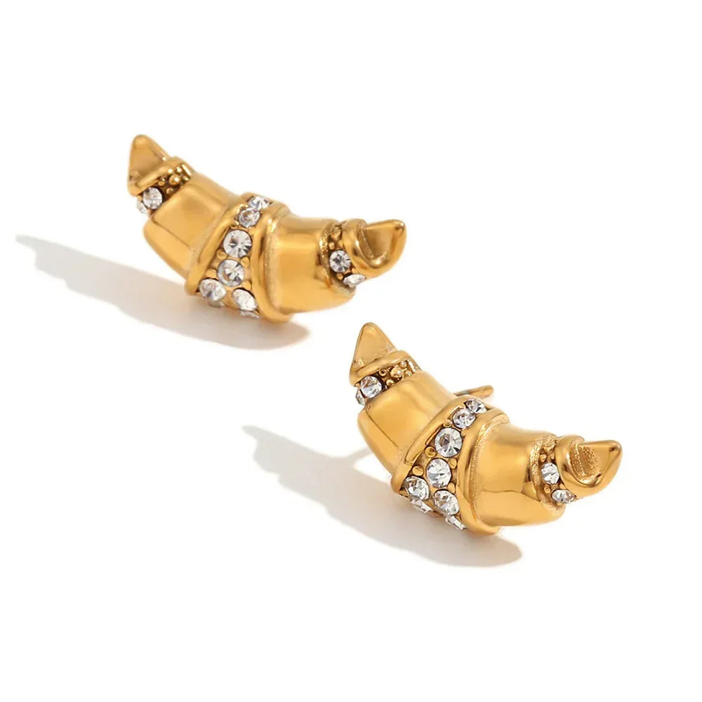 Stainless Steel Horn Shaped Rhinestone Studs - Viexta