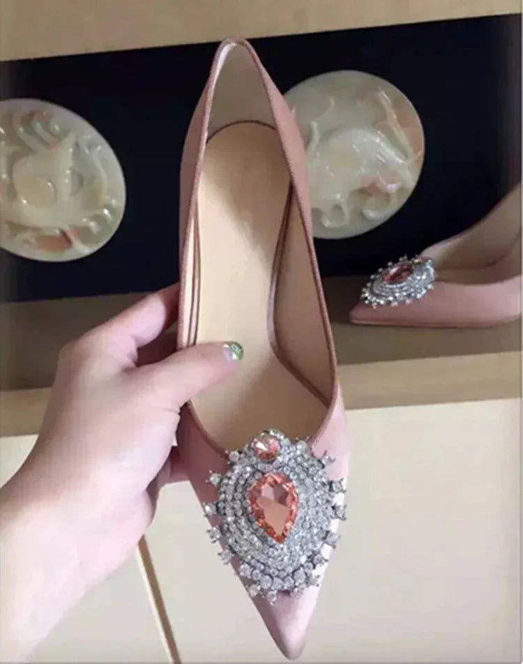 Rhinestone Pointed Satin Heels - Viexta
