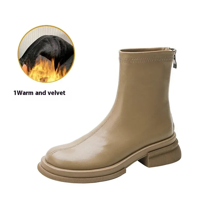 British Round Toe Solid Color Short Boots - Viexta