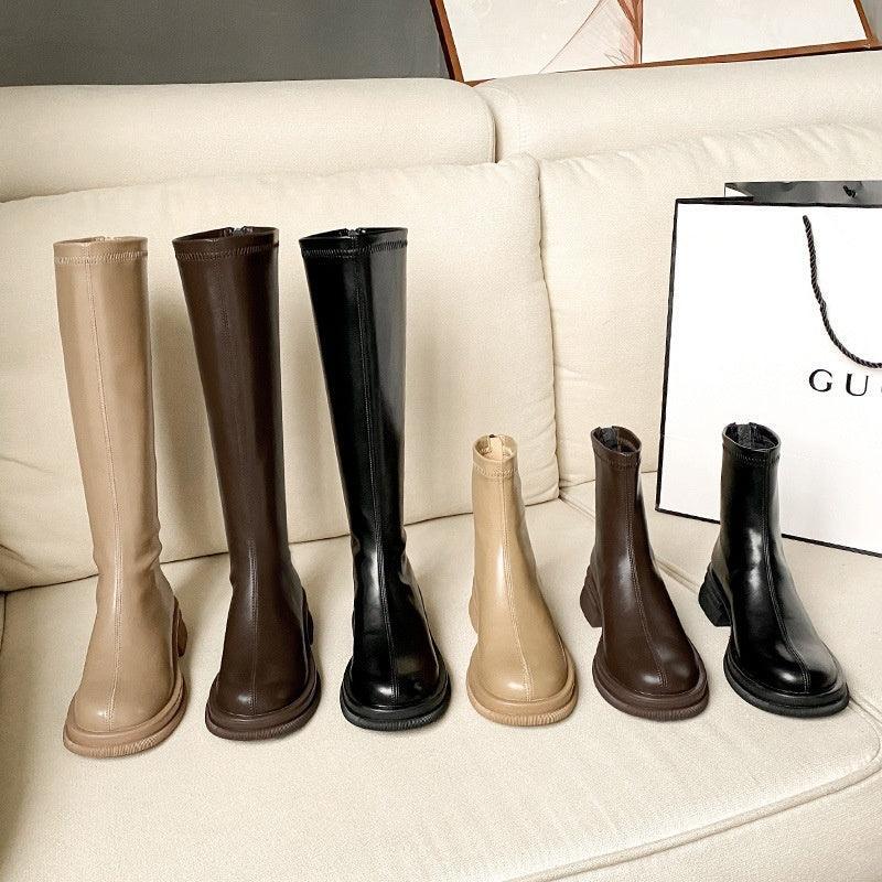 British Round Toe Solid Color Short Boots - Viexta