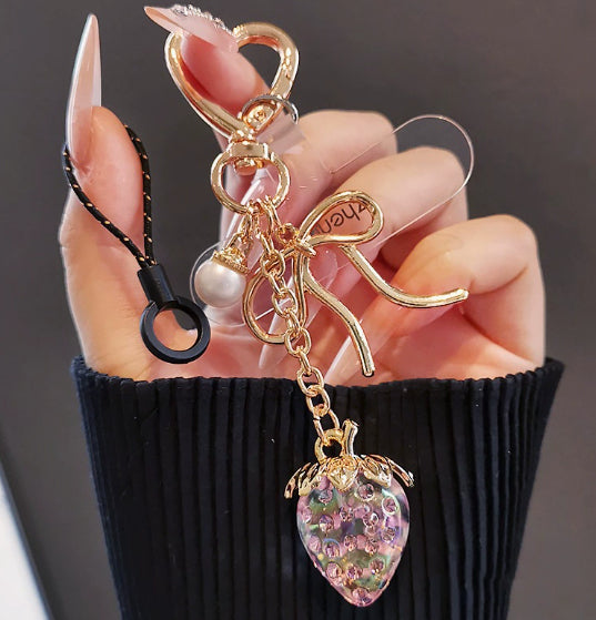 Versatile Transparent Strawberry Phone Charmkeychain