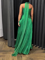 Emerald Green Plunging Neckline Gown With Pleated Skirt And Side Slit - Viexta