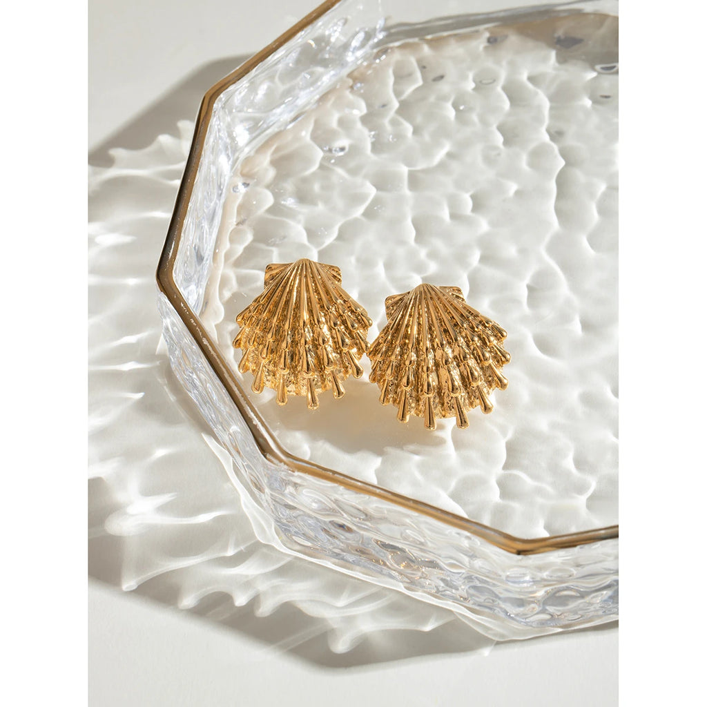 Creative Stainless Steel 18k Gold Plated Ocean Style Shell Ribbed Hammer Grain Earrings Personalized Jewelry Attractive Women