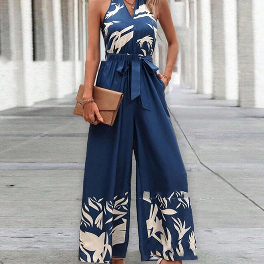 Printing Series Belt Halter Backless Jumpsuit