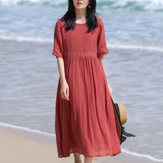 Loose Embroidery Ramie Swing Dress