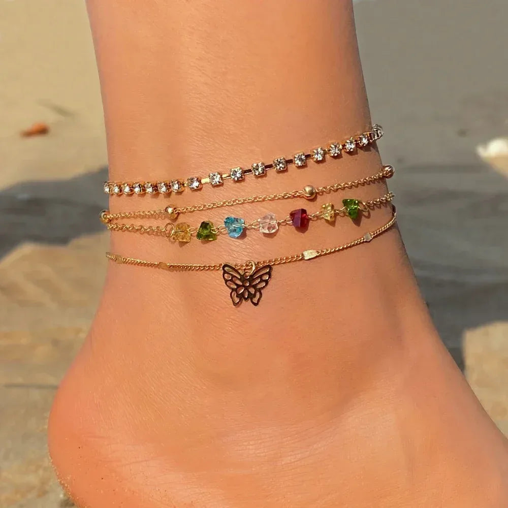 retro-love-butterfly-pearl-multi-layer-anklet-set - Viexta