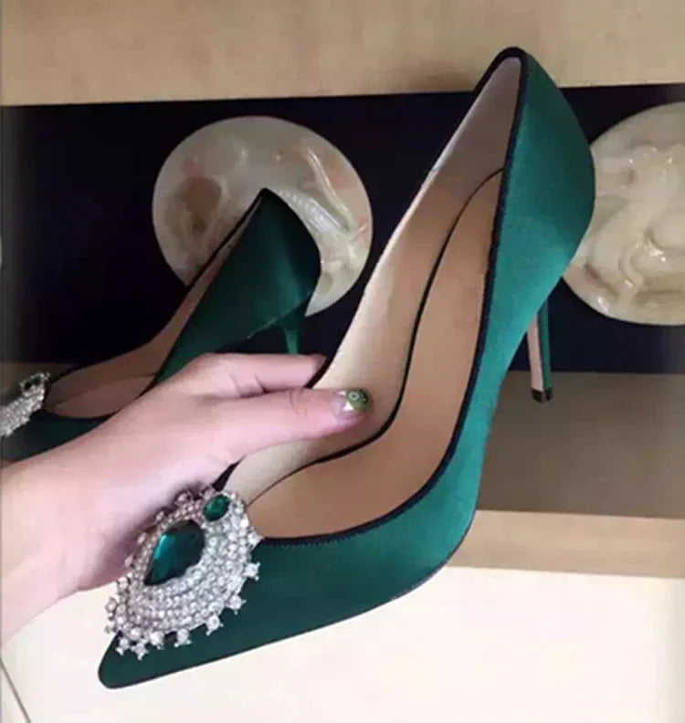 Rhinestone Pointed Satin Heels - Viexta