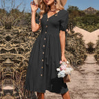 Summer Women's Short Sleeve Solid Color And V-neck A- Line Commuter Dress - Viexta