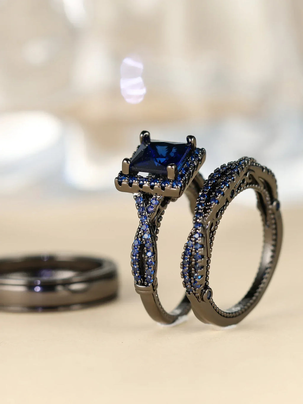 Rose Gold Three-Piece Diamond-Encrusted Zircon Ring Set - Viexta
