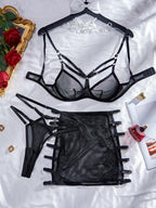 sheer-mesh-steel-ring-push-up-lingerie-three-piece-set - Viexta