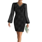 Slimming V-neck Dress Women Fashion Long Sleeve Solid Color Short Dress - Viexta