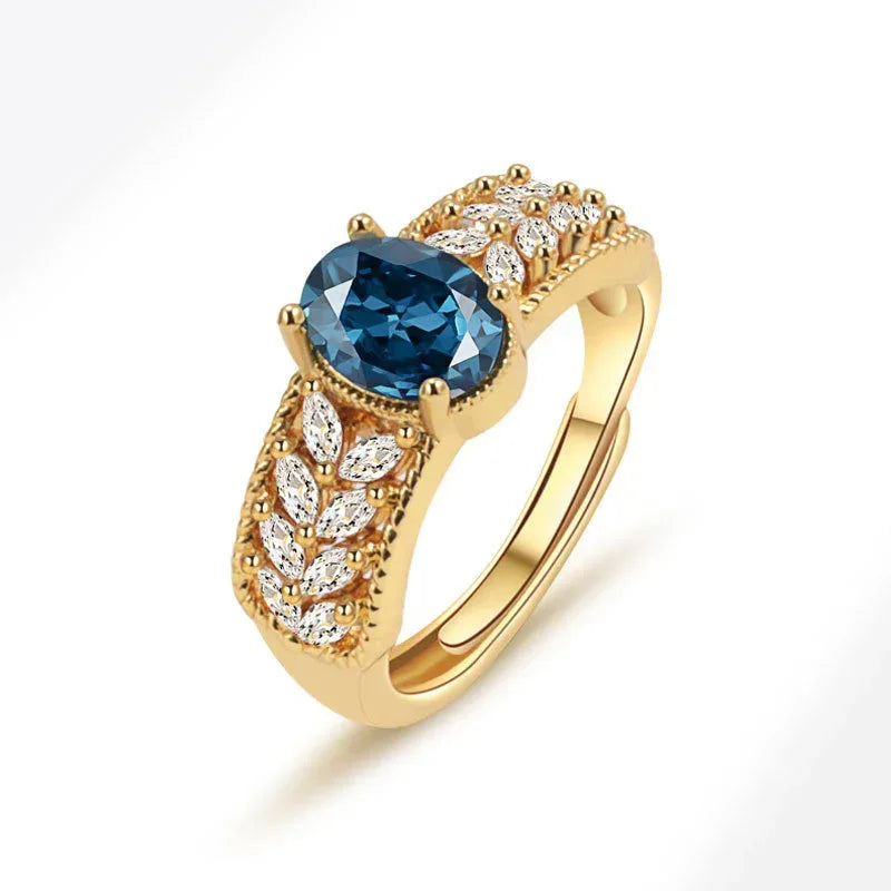 Hollow Pattern Colored Gems Blue Corundum Ring - Viexta